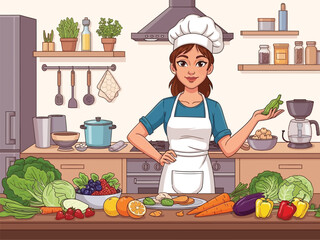 Cheerful female cook preparing wholesome nutritious food in her kitchen