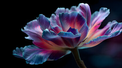 Vibrant Tulip Flower with Multicolored Petals Against Dark Background