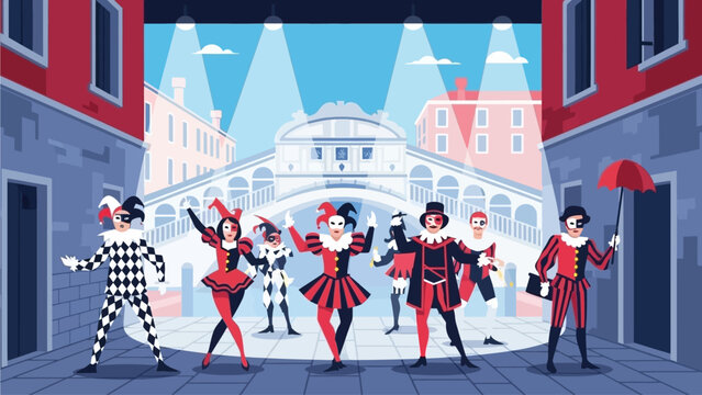 This flat design illustration portrays a bustling scene on a Venetian bridge, where Commedia dell'arte celebrate the carnival. It highlights the joyous atmosphere Venice Carnival