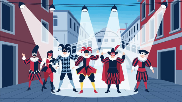 This flat design illustration portrays a bustling scene on a Venetian bridge, where Commedia dell'arte celebrate the carnival. It highlights the joyous atmosphere Venice Carnival