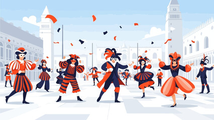 Naklejka premium This flat design illustration captures a dynamic scene of confetti raining down on cheerful, masked Modern Venice Carnival Dance Parade celebrating the Venice Carnival parade.