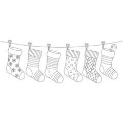 Christmas socks hanging on a line with heart shaped clips