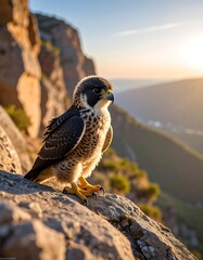 A falcon perches atop a rocky mountain ledge, bathed in golden sunlight, overlooking a vast valley as the sun sets