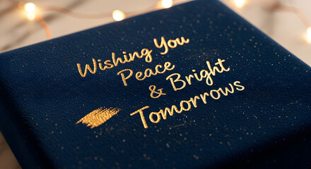 Luxurious dark blue velvet box featuring elegant gold foil embossing with message wishing peace and bright tomorrows