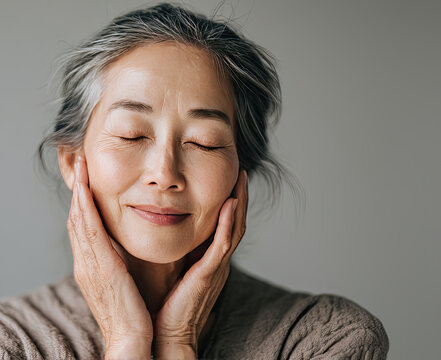 older Asian woman with closed eyes gently caresses her face, expressing moment of peace and self care. Her soft smile s deep sense of contentment and ity