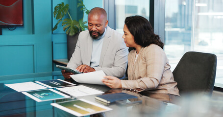 Graphs, paper or partners in office with tablet, analysis or review of financial performance. Collaboration, discussion or analyst in agency with tech, market comparison or feedback on revenue growth