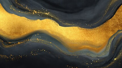 Obraz premium Abstract Gold and Black Fluid Art Background with Golden Sparkles and Waves in Modern Design Aesthetic for Elegant Spaces and Visuals