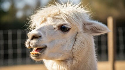 Naklejka premium Curious White Alpaca CloseUp Soft Fur and Bright Eyes in Sunny Setting.