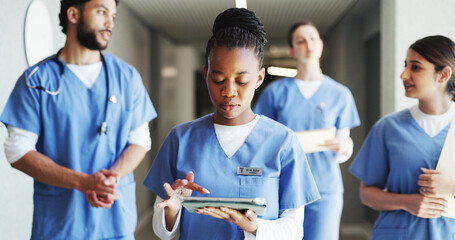 Nurse, team and woman with tablet, hospital and medical research for treatment plan, scroll and...