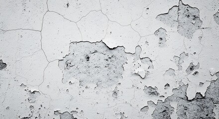 Fototapeta premium Close-up of a weathered white wall with peeling paint and cracks, showing signs of age and decay.