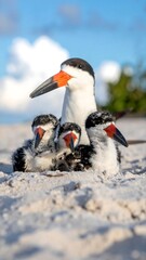 A family of four birds with striking black and white plumage rests together on a sandy beach under a blue sky