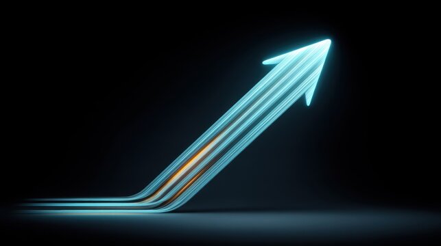 Futuristic glowing arrow pointing upwards with dynamic light trails on a dark background representing progress, growth, and innovation in various fields
