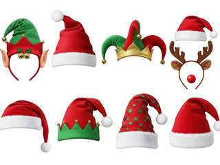 Collection of different christmas hats and headbands for festive season isolated on transparent background