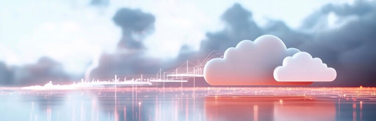 Cloud computing infrastructure over a digital landscape. Futuristic technology concept for data storage and network communication.