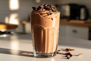 Thick chocolate milkshake served in a glass with chocolate shavings on top, beautifully captured in a bright kitchen setting during daylight.