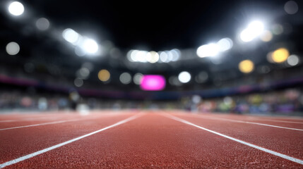 athletics track surface with white lines leading into a brightly lit stadium at night symbolizing competition sports events and the pursuit of athletic goals