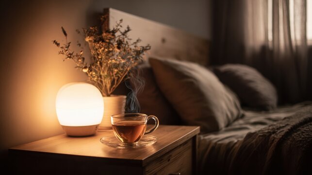 cozy minimalist bedroom with warm lamp glow, herbal tea steaming on bedside table, calm sleep optimization vibe