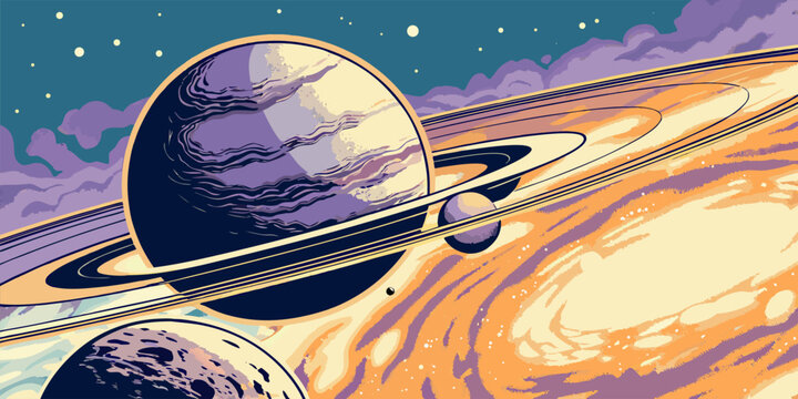 Colorful Planetary System with Orbiting Celestial Bodies