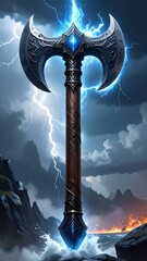 A fantastical, ornate battle axe.  Bright blue energy crackles around its blades and gemstone, with a stormy background