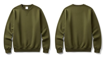 Blank olive green crewneck sweatshirt, front and back, for men or women, comfortable and stylish, isolated on white background