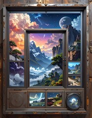 A fantastical portal-like window framing scenic vistas majestic mountains, vibrant skies, and ethereal elements