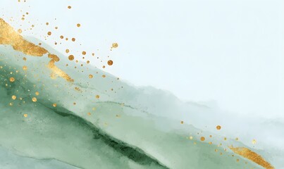 Minimalistic horizontal background to match a green and gold color palette, soft white surface with subtle sage green undertones and gentle gold speckles, a calm and elegant