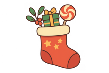 Christmas stocking filled with festive gifts, a candy lollipop, and mistletoe, celebrating holiday tradition