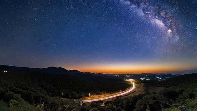 Milky Way arch over winding mountain road at dusk.