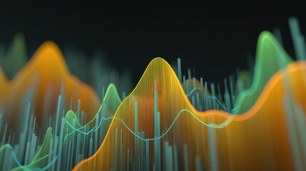Vibrant Abstract Waveforms Representing Data Visualization with Bright Orange, Green, and Blue Lines Against a Dark Background for Technology Themes