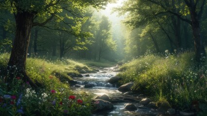 Obraz premium Sunlit Forest Stream - A Serene Nature Landscape.
