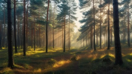 Obraz premium Sunlight filtering through tall pine trees in a serene forest.