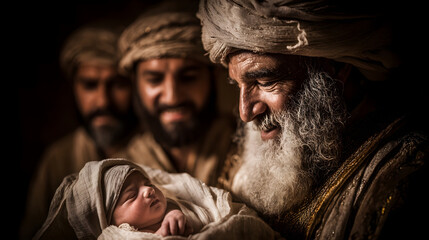 Obraz premium Three Visitors Coming to Visit the Baby Jesus: Shepherds or Wisemen