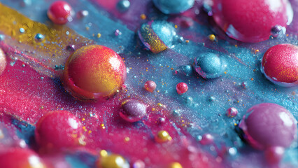 Vibrant colorful paint beads on a multicolored glittery background, close-up of shiny artistic texture
