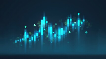 Abstract financial graphic with glowing blue bars and dots representing stock market trends, data visualization, and trading analysis in modern style