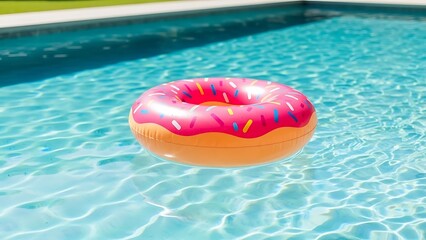 A vibrant pink and orange donut-shaped inflatable ring floating peacefully in a clear blue swimming pool on a sunny day.