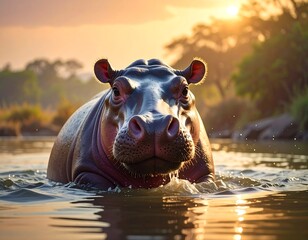 Fototapeta premium Hippopotamus Emerging from Water at Sunset - A Wildlife Portrait.