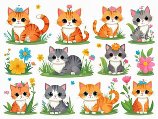 Fototapeta premium A cute cartoon cat hugging a single flower on a clean white background.