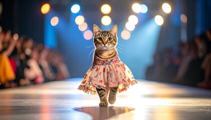 A feline struts down a runway, dressed in a floral dress, illuminated by spotlights, with an audience blurred in the background