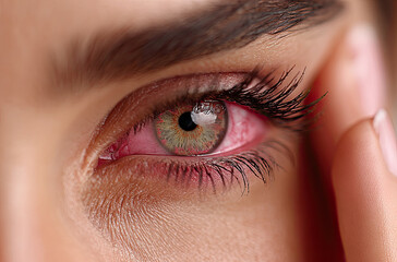 Obraz premium woman touching her eye, striking red and green eye with long eyelashes. image captures moment of curiosity and intrigue, highlighting unique eye color and detail