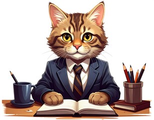 A feline wearing a suit sits at a desk, appearing studious. A mug and pencils are on the wooden surface. An open book lies before it