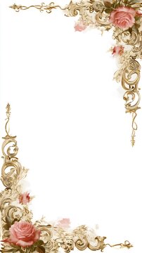 Ornate golden frame border with pink rose flower. Decorative elegant design element for wedding invitation or greeting card.