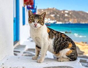 A feline with calico markings sits outdoors in a vibrant, Mediterranean village with ocean and hills in the background