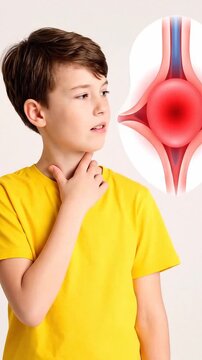 Educational footage showing a child pointing at the throat area to indicate tonsil pain