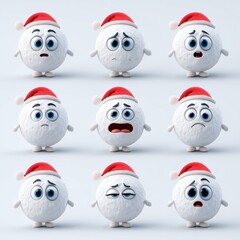 Round festive snowball emojis with candy gloss texture, tiny limbs and Santa hat, expressions collection for messaging