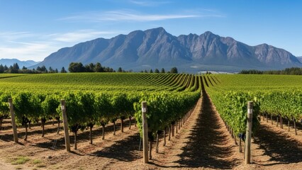 Fototapeta premium Vineyard Vista Lush Rows Lead to Majestic Mountains on a Sunny Day.