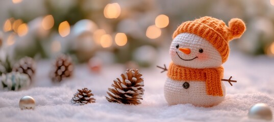 Cute crocheted snowman with orange hat and scarf in artificial snow with pine cones and bokeh lights. Winter holiday decoration for greeting card.