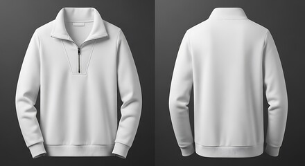 Blank white quarterzip sweatshirt, front and back views, ideal for casual wear, sportswear, or custom branding on a dark background