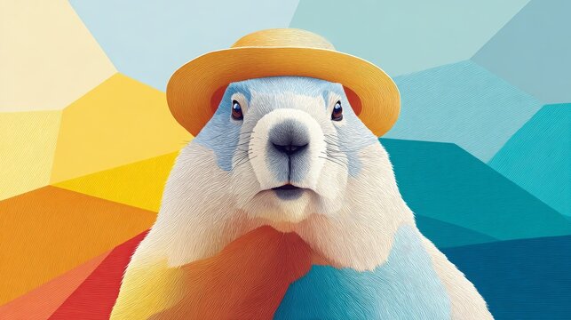 Stylized image of a marmot/groundhog wearing a yellow hat, set against an abstract, colorful, low-poly geometric background. Great for children's blogs, educational materials, and modern art sites.