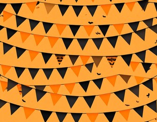A festive background with orange and black triangular bunting strung against a warm, orange backdrop; bats are interspersed