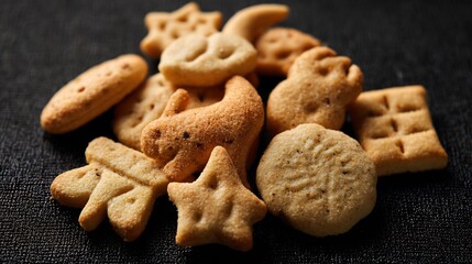 Close up view of Japanese senbei rice crackers assorted shapes placed against black textured background